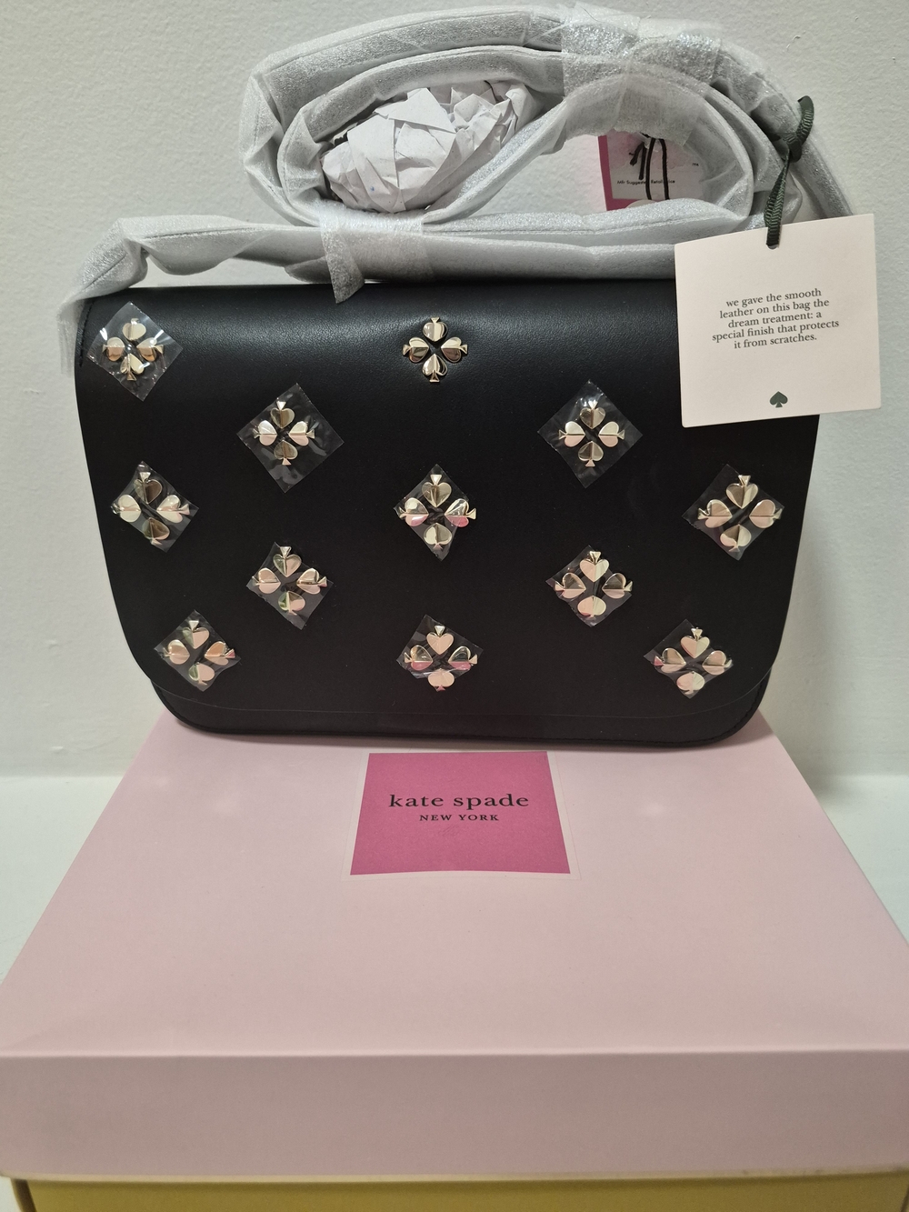Kate Spade Black Leather Crossbody with Studded Floral Accents